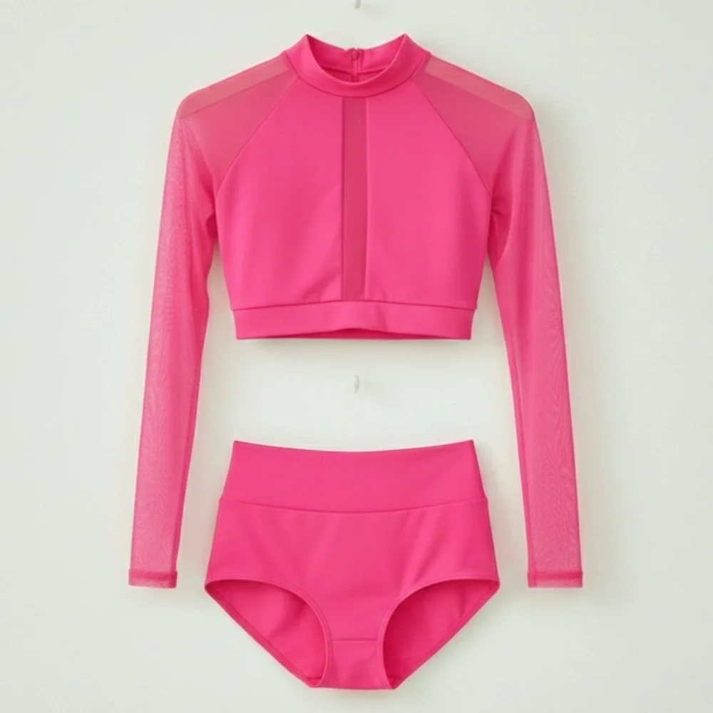 Baltogs Pink High Neck Mesh Long Sleeve Crop Top High Waisted Briefs Dance Set